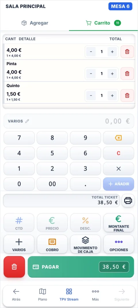Warenkorb von Tisch 6 auf dem Handy einer Bedienung